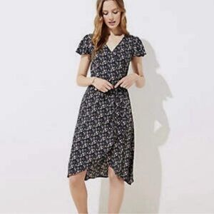 LOFT Black Floral Midi Wrap Dress Fluttered Sleeve